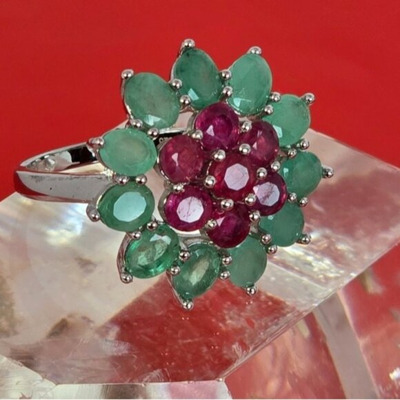 925 Sterling Silver Ring SZ 9 with Natural Ruby & Emerald Gemstone - Picture 2 of 15